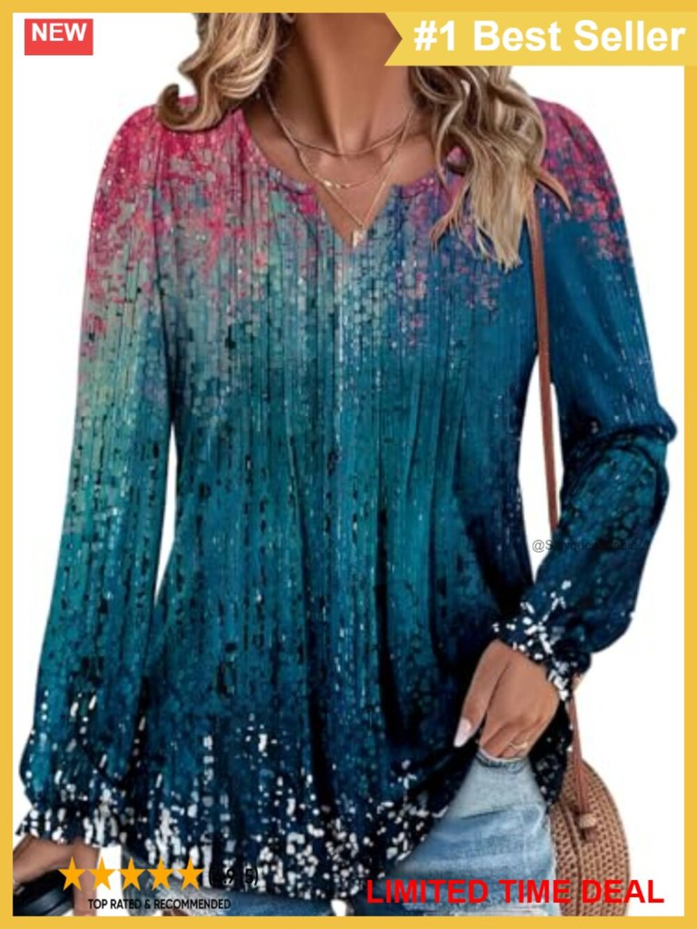 Women's V Neck Ruffle Cuff Pleated Tunic Top Long Sleeve Blouse